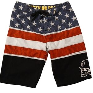 Y2K‎ Metal Mulisha Skull Baggy Boardshorts Size 30 Flag Stars Swim Trunks Surf